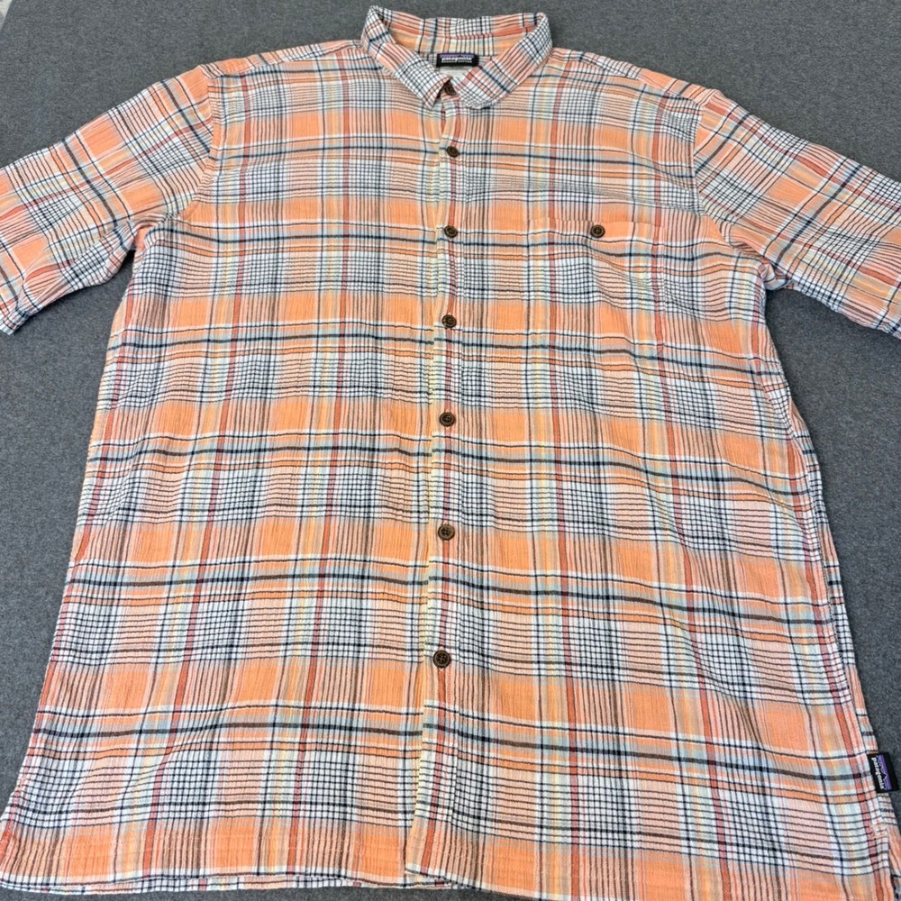 Patagonia Mens XXL Plaid Organic Cotton Short Sleeve Button Down Shirt Orange XL